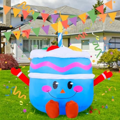 GIFTFIND 4.3 FT Happy Birthday Blow Up Inflatable with Candle, Cute Smiling Face Themed Inflatable Birthday Prop, IP65 Waterproof with Sandbags & Stakes for Kids Milestone Celebration Indoor Outdoor
