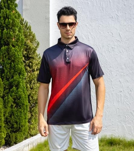 uideazone Mens Golf Shirts Gradient Red Black Polo Shirt Polka Dot Abstract Stripe Performance Golf Short Sleeve Dry Fit Polos - Thumbnail 2