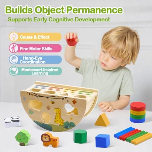 Humerry Montessori Busy Box for Toddlers 1-3, Wooden Object Permanence Coin Box with Shape Sorter & Animal Matching, Sensory Fine Motor Learning Toy with Wobble Base, Gift for 1 2 3 Year Old - Thumbnail 2