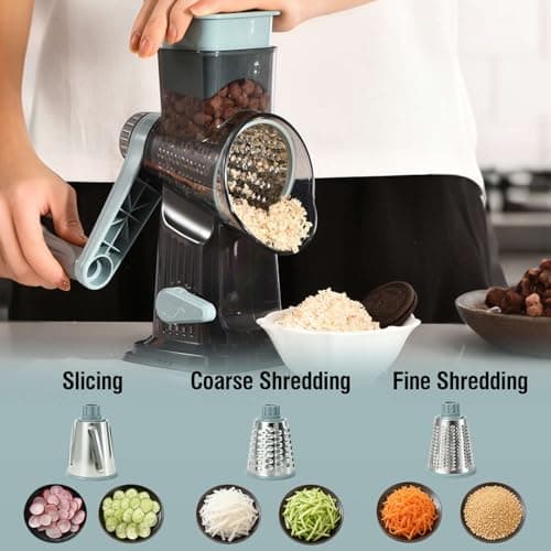 Spylandy 3-in-1 Manual Rotary Cheese Grater & Vegetable Slicer, Round Mandoline Food Chopper with 3 Interchangeable Blades, Strong Suction Base Hand Crank Grater for Cheese, Potato, Nuts & Veggies - Thumbnail 6