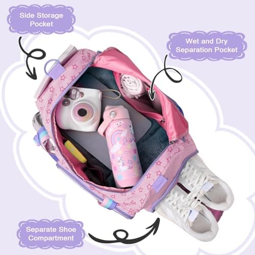 WOOMADA Travel Duffle Bag, Weekend Bag with Wet Pocket & Trolley Sleeve, Gym Dance Bag With Shoe Compartment(Star Pink) - Thumbnail 3