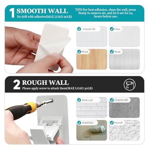 Adhesive No Drill Curtain Rod Brackets - Heavy Duty 30LB Holders for Bathroom Bedroom Kitchen, Universal Damage-Free Window Rod Hooks with Nail-Free Installation (8PC White) - Thumbnail 5