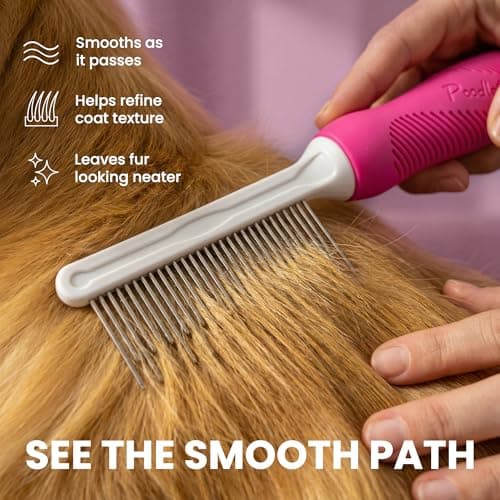 Poodle Pet Detangling Pet Comb with Long & Short Stainless Steel Teeth for Removing Matted Fur, Knots & Tangles – Detangler Tool Accessories for Safe & Gentle DIY Dog & Cat Grooming (Pink) - Thumbnail 4