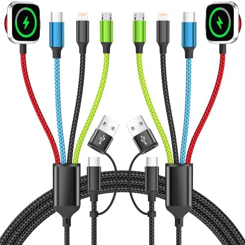 Firsting 4-in-2 Multi Charging Cable with iWatch Charger, 2Pack 5FT Nylon Braided Charging Cords, USB C/USB A Phone Charger Cord for iPhone 17-5, iPad, Galaxy S25-S21, Travel/Car/Home Use - Image 1