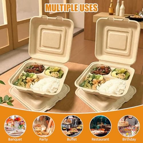 Clamshell Take Out Food Containers - 9x8 Inch Takeout Lunch Box Containers To Go Take Out Clamshell for Food, leftover containers with lids,Disposable Eco-Friendly Biodegradable, PFAS-Free (100) - Thumbnail 4