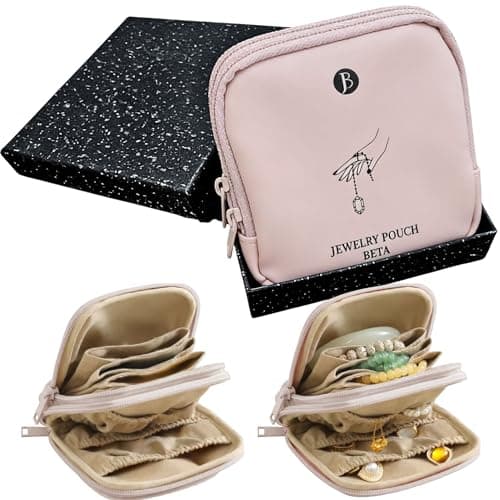 tianzong Small Travel Jewelry Case, Gift for Women, Tangle-Free Jewelry Pouch Bag with Gift Box, Waterproof PU Jewelry Organizer for Valuables (Pink, Double Zipper) - Image 1