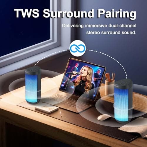 ANCOBER Portable Wireless Bluetooth Speaker with HD Powerful Stereo Sound, 8 Cool LED Light Modes, IPX4 Waterproof, 30H Playtime, TWS Pairing, BT5.3 with AUX-in, for Outdoor/Home/Party, Ideal Gift - Thumbnail 5