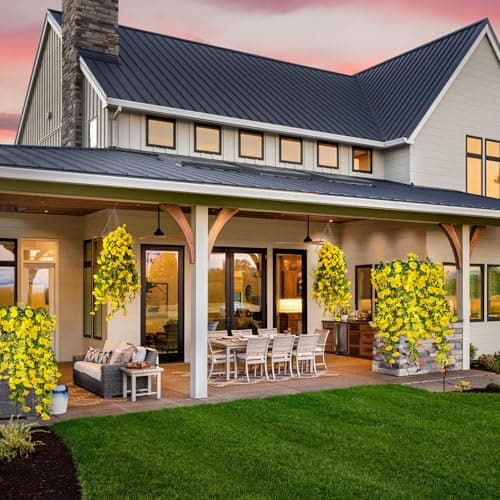 Fanfantoey Artificial Hanging Flowers for Outdoors, 2Pcs UV Resistant Fake Flowers, Realistic Faux Petunias Silk Long Vines Morning Glory Eucalyptus for Outside Planter Porch Patio Decor, Yellow - Thumbnail 5