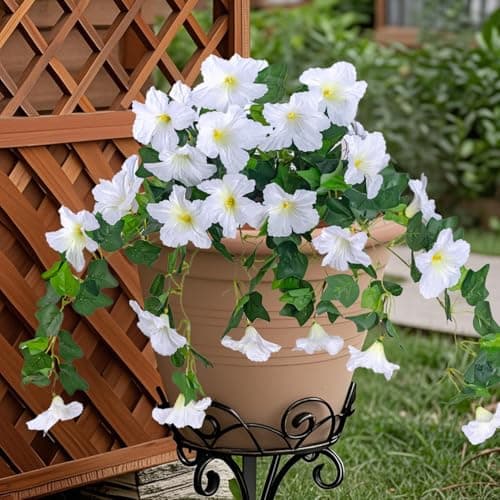 BSMYBO 2Pcs Artificial Hanging Flowers for Outdoors, Fake Outdoor Flowers Faux Petunias Silk Flowers for Outdoor planters UV Resistant for Home Garden Balcony Yard Porch Patio Decor (White) - Thumbnail 2
