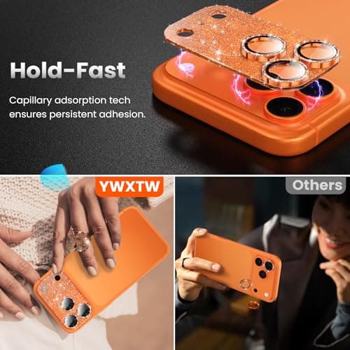 YWXTW for iPhone 17 Pro Camera Lens Protector, [Upgraded Glitter Design] Full Bling Sparkly Diamond Tempered Glass Screen Protector Metal Camera Cover Accessories (Glitter Orange, iPhone 17 Pro) - Thumbnail 5