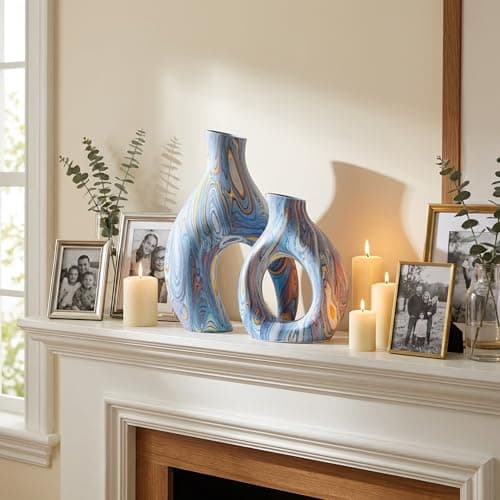 Blue Ceramic Flower Vase Set of 2, Unique Modern Decor by TZIZO - Thumbnail 6