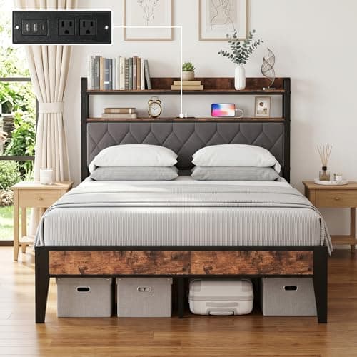 BOVONO Full Size Bed Frame with Dual-Layer Headboard and Footboard, Bed Frame Full with 2 Sockets & 2 USB & Type-C Charging Ports, Large Under Bed Storage, Without Noise, Easy Assembly, Grey - Image 1