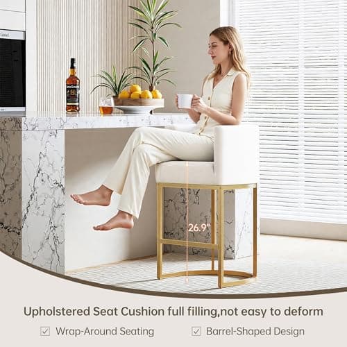 Styecofur Counter Height Bar Stools Set of 3, White and Gold Bar Stools, 26" Modern Barrel Counter Stools with Backrest and Arms, Linen Fabric Upholstered & Metal Base, for Kitchen Island and Bar - Thumbnail 3