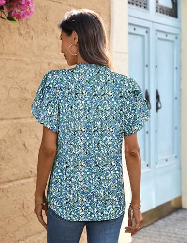 LOOKBOHO Short Sleeve Womens Casual Blouses Summer V-Neck Floral Shirts Fashion Ruffle Sleeve Chiffon Office Tops Blue XXL - Thumbnail 5