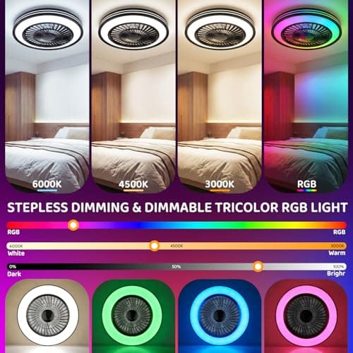 WUTGHUI RGB Ceiling Fans with Lights 20" Fandelier Low Profile Smart Ceiling Fan with Light, Flush Mount Ceiling Fan Light with Remote/APP (RGBWW (Supports Alexa Voice Control)) - Thumbnail 2
