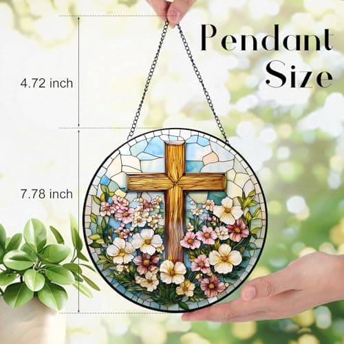 Zizzie Stained Glass Cross Suncatcher - 7.9" Real Glass Wooden-Textured Cross & Flowers Window Hanging, Weatherproof Christian Religious Decor, Sympathy Memorial Easter Gift for Mom Women - Thumbnail 3