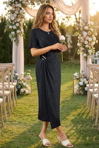 Autumn Flowerwall Women's 2026 Summer Shimmer Ruched Bodycon Split Midi Dress Short Sleeve Metal Buckle Elegant Wedding Guest Cocktail Formal Party Dress Black Large - Thumbnail 3