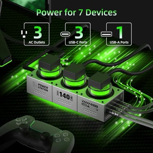 Mfish E-Tank 140W GaN Desktop Charging Station, 7-in-1 Charging Hub with 3 AC Outlets & 4 USB-C Ports (Up to 140W PD 3.1), RGB Desk Power Hub for Gaming Setup, Creator Workstation & Home Office - Thumbnail 3