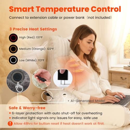 Amélie Home Heated Faux Fur Reading Pillow 3 Temperature Backrest for Sitting in Bed Support Cushion, USB-Powered(No Power Bank Included) Warming (113°F-131°F), 3H Auto Shutoff, Ivory, 26 Inches - Thumbnail 4