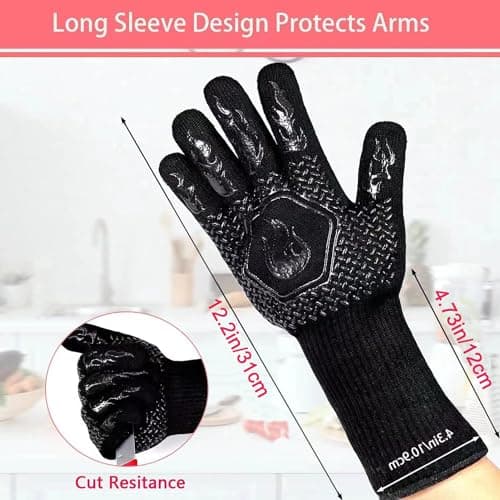 HFLYJPYW BBQ Grill Gloves Heat Resistant 1472℉ High Temp Resistance Fireproof Glove for Grilling Smoking Barbecue Washable Long Oven Extreme Hot Proof Mittens for Kitchen Baking (Black) - Thumbnail 2