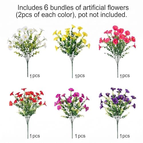 bakkiet Artificial Flowers for Outdoors, 6 Bundles Fake Plants for Outside Decoration, UV Resistant No Fade, Realistic High End Silk Plastic Morning Glory for Planter Porch Patio Yard Garden - Thumbnail 2