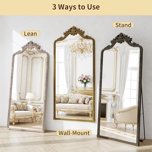 71"x32" Bronze Arched Full Length Mirror with Stand, Full Body Mirrors for Leaning or Hanging, Traditional Ornate Vintage Floor Mirror,Baroque Antique Long Mirrors for Wall,Decor, Living Room, Bedroom - Thumbnail 4
