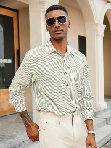 Hardaddy Men's Striped Dress Shirt Casual Long Sleeve Collared Button Down Shirts Stripe Cotton Blend White Blue Striped 3XL - Thumbnail 3