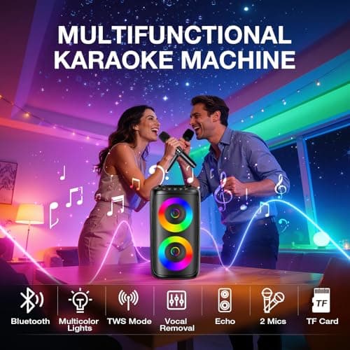 Karaoke Machine for Adults: Portable Bluetooth Speaker with 2 Wireless Karaoke Microphones with LED Lights Birthday Gifts for Party Family Home System Packages Support TWS/TF/USB/AUX - Thumbnail 2