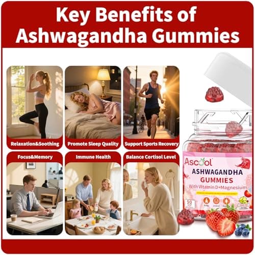 Ascool Ashwagandha Gummies for Stress Support & Relaxation with Magnesium + Vitamin D – 90 Count Sugar-Free, Vegan Ashwa Supplements - Thumbnail 4
