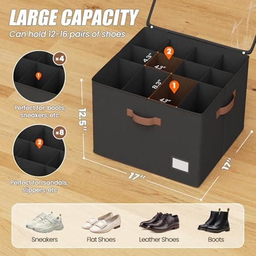 PHINOX Shoe Organizer for Closet, 2 Pack Fabric Shoe Organizer Storage Box, Shoe Storage Containers with Clear Cover, Closet Shoe Storage for Boots Sandals Slippers,Fits 16-32 Pairs, Black - Thumbnail 2