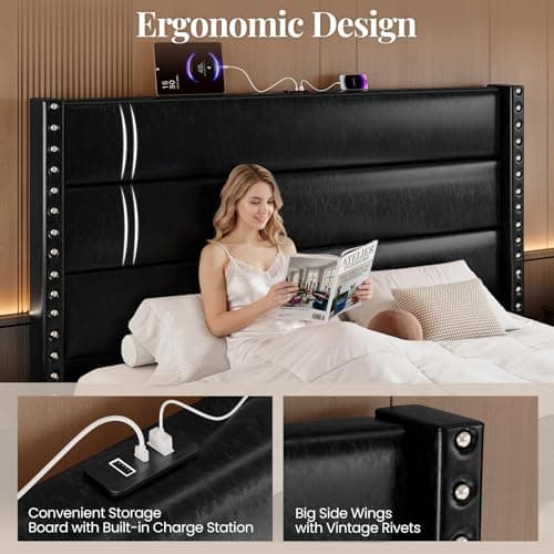 Uteeran King Size Bed Frame with Storage Shelf & Charging Station, 55" Tall Headboard & 25.6" Footboard, Faux Leather Upholstered Platform Bed with Big Rivets Wingback, Heavy Duty & Noise-Free, Black - Thumbnail 3