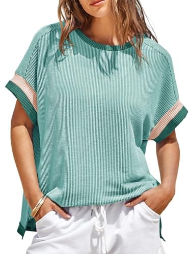 Womens Color Block Oversized Tops Trendy Casual Summer Textured Ribbed Knit T Shirts Loose Fit Short Sleeve Tshirts Mint Green - Image 1