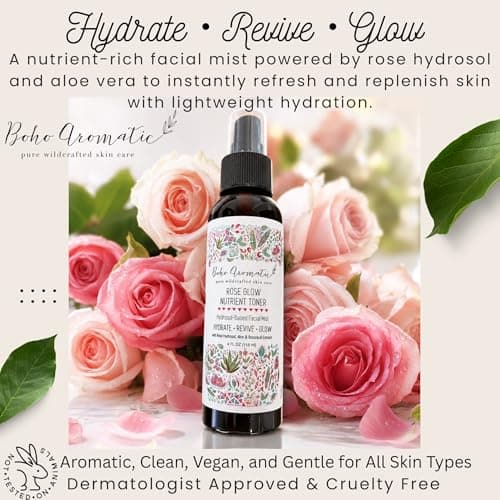 Boho Aromatic Rose Glow Nutrient Toner – Hydrosol-Based Facial Mist with Rose Hydrosol, Aloe Vera & Botanical Extracts – Hydrate, Revive & Glow – 4 fl oz - Thumbnail 3