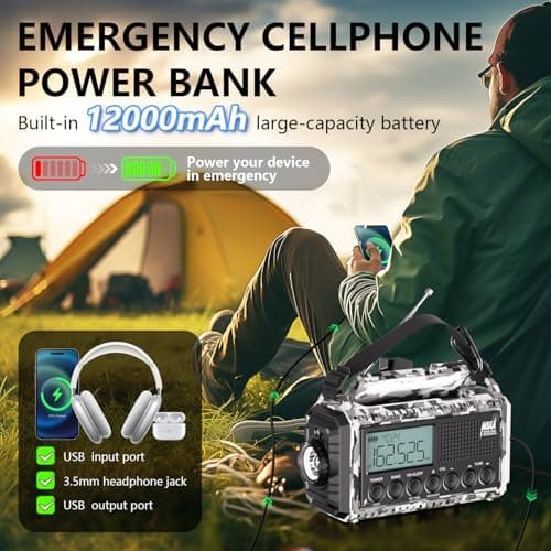 Emergency Radio 12000mAh AUTO NOAA Weather Radio, Solar Hand Crank Portable AM/FM Shortwave Radio with Rechargeable Battery Powered, Flashlight, Reading Lamp, SOS Alarm for Indoor Outdoor Emergencies - Thumbnail 4