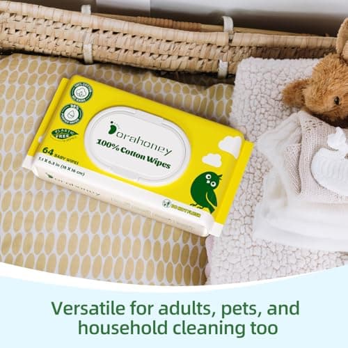 Dorahoney 100% USA Cotton Baby Wipes for Sensitive Skin, 99% Purified Water Unscented Wet Wipes, Hypoallergenic & Plastic-Free, 768 Count (12 Flip-Top Packs of 64) - Thumbnail 6
