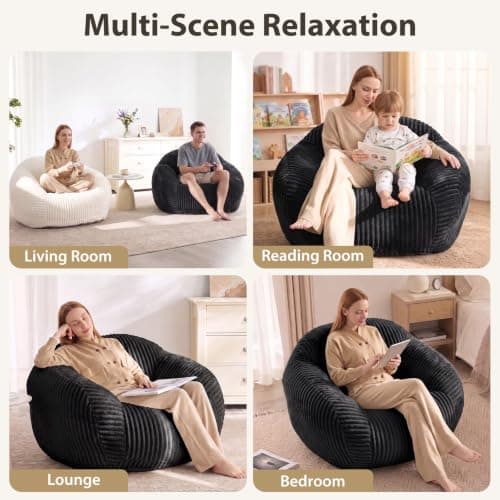 HUGHEAVEN Bean Bag Chair for Adults & Kids, Bean Bag with Armrests, Cozy Reading Chair with Back Support,Sofa for Bedroom, Living Room, Black - Thumbnail 4