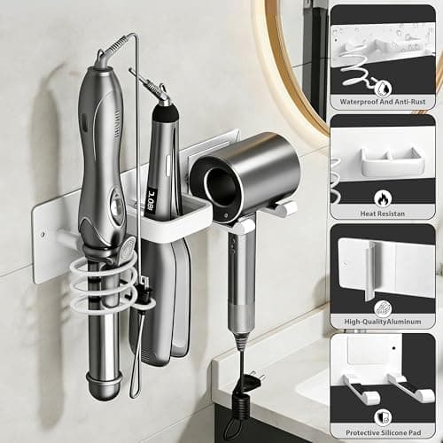 Dovyn Blow Dryer Holder Wall Mount, 3 in 1 Bathroom Hair Tool Organizer with Curling Iron Holder & Flat Iron Holder, Universal Hair Dryer Holder Rack Storage White - Thumbnail 4