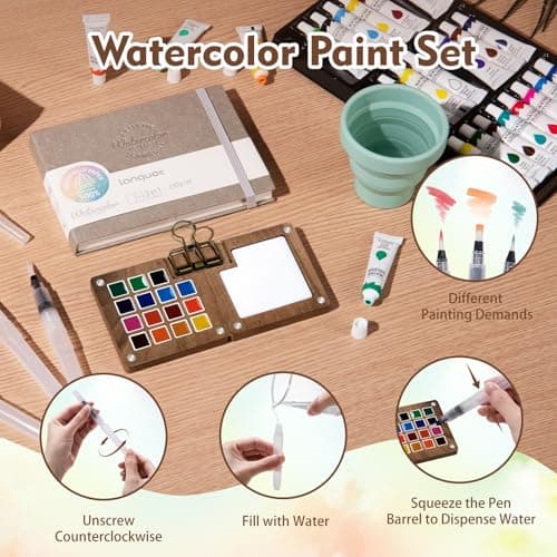 Mini Watercolor Paint Set, Mini Watercolor Travel Kit Wooden Palette with 24 Color, Brush, Sketchbook, Metal Clip, Water Cup for Adults Painting Enthusiasts - Thumbnail 6