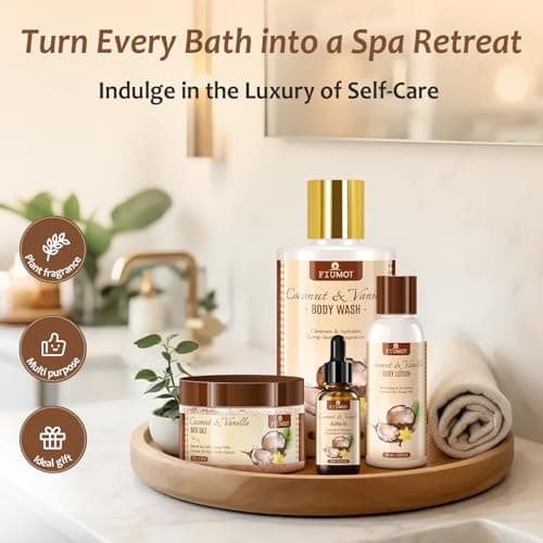 Bath and Body Gift Basket Set for Women - Coconut Vanilla Spa Gift Basket - Premium 21‑Piece Luxury Bath & Body Gift Set for Self Care - Gift ready for Valentines Birthday Gifts - Thumbnail 6