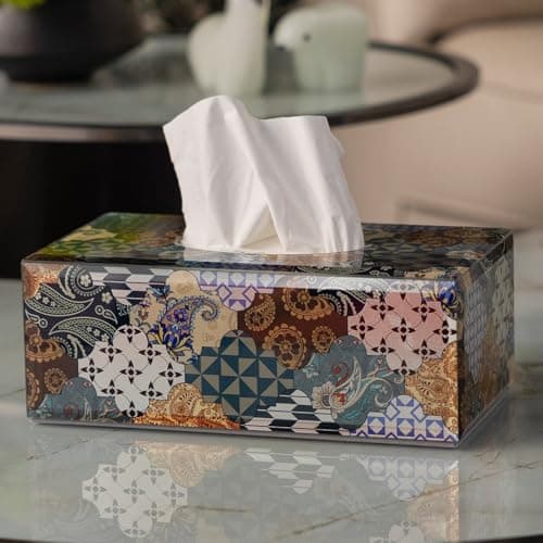 Timetrace Glass Tissue Box Cover Rectangle-Patchwork Pattern (Blue) Decorative Tissue Holder with Velvet Lining for Home Decor, Living Room, Bedroom, Kitchen, Office & Christmas/New Year Gifts - Image 1