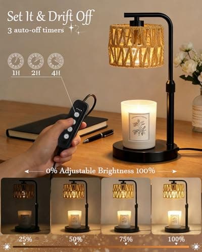 Candle Warmer Lamp, Timer Dimmable Candle Lamp, Adjustable Height and Brightness Candle Warmer, Boho Rattan Lampshade and 2 Bulbs, Suitable for Home Decor, Birthday Gifts for Women Mom (Black) - Thumbnail 2