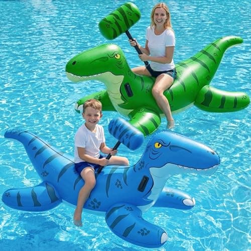 Jasonwell Pool Games Toys Floats -2Pack Inflatable Dinosaur Pool Floats with Blow Up Toy Hammers Ride on Pool Floaties for Kids Teens Adults Lounge Raft Summer Lake Beach Party Decorations (GN&BU XL)