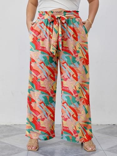 AusLook Plus Size Wide Leg Pants for Women High Waist Elastic Drawstring Palazzo Casual Lounge Beach Travel Vacation Resort Lifeful Color Block 5X Pants with Pockets Flowy Summer Comfy Outfit - Thumbnail 5