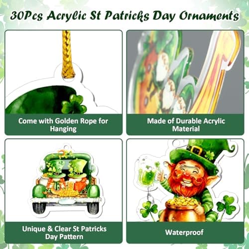 D4DREAM 30Pcs St Patricks Day Ornaments for Tree Decorations - 10 Styles Acrylic Saint Patricks Day Decor with Green Shamrock Gold Coins Horseshoe for Tree Home Spring Irish Day Party Supplies - Thumbnail 5