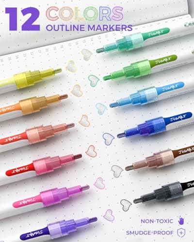 JusArt Outline Sparkle Markers, 12 Metallic Shimmer Pens for Adult Coloring, Cool Fun Drawing Supplies for valentines day, Easter, Christmas, Halloween - Thumbnail 6