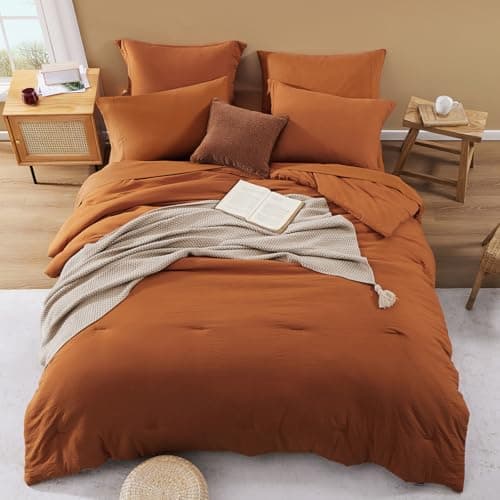 WRENSONGE King Size Comforter Sets- 7 Pieces Soft Burnt Orange Bed in a Bag King with Fitted Sheet, Flat Sheet 2 Pillow Shams, and 2 Pillowcases- Warm Bedding Set for All Season - Thumbnail 3