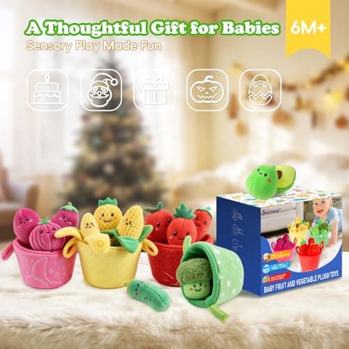 SAIMAND Baby Toys 6–12 Months, 16PCS My First Fruit Vegetable Sensory Toys for Babies Infants, Color Sorting Play Food with Crinkle & Rattle, Montessori Toys for 1 Year Old Toddlers Boys Girls - Thumbnail 6