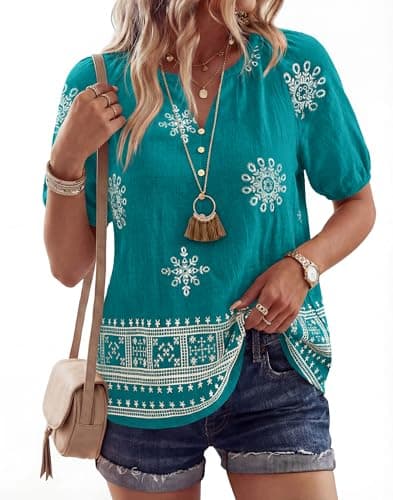 BTFBM Womens Summer Boho Tops Casual V Neck Short Sleeve Blouses Floral Print Shirt Tie Front Beach Vacation Fashion Clothing(Floral Lake Blue White, Large) - Thumbnail 3