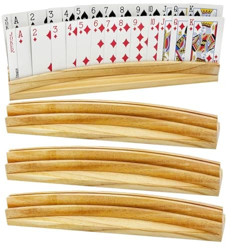 ESSAJOY Card Holders for Playing Cards Set of 4 13inch Soild Wood Cards Holders for Kids Seniors Adults 4 Pack, Playing Card Trays/Racks for 5 Crowns Bridge Canasta Strategy Foot and Hand