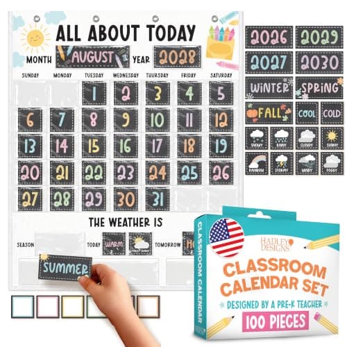 Classroom Calendar Pocket Chart -24x29" Pocket Chart Calendar for Classrooms, Teacher Calendars Bulletin Board, Elementary Kindergarten Preschool Classroom Decor, Chalkboard Bulletin Board Decorations - Image 1